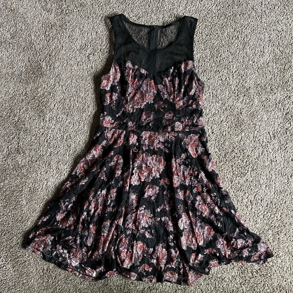 Mesh Neckline Lace Floral Mini Skater Dress